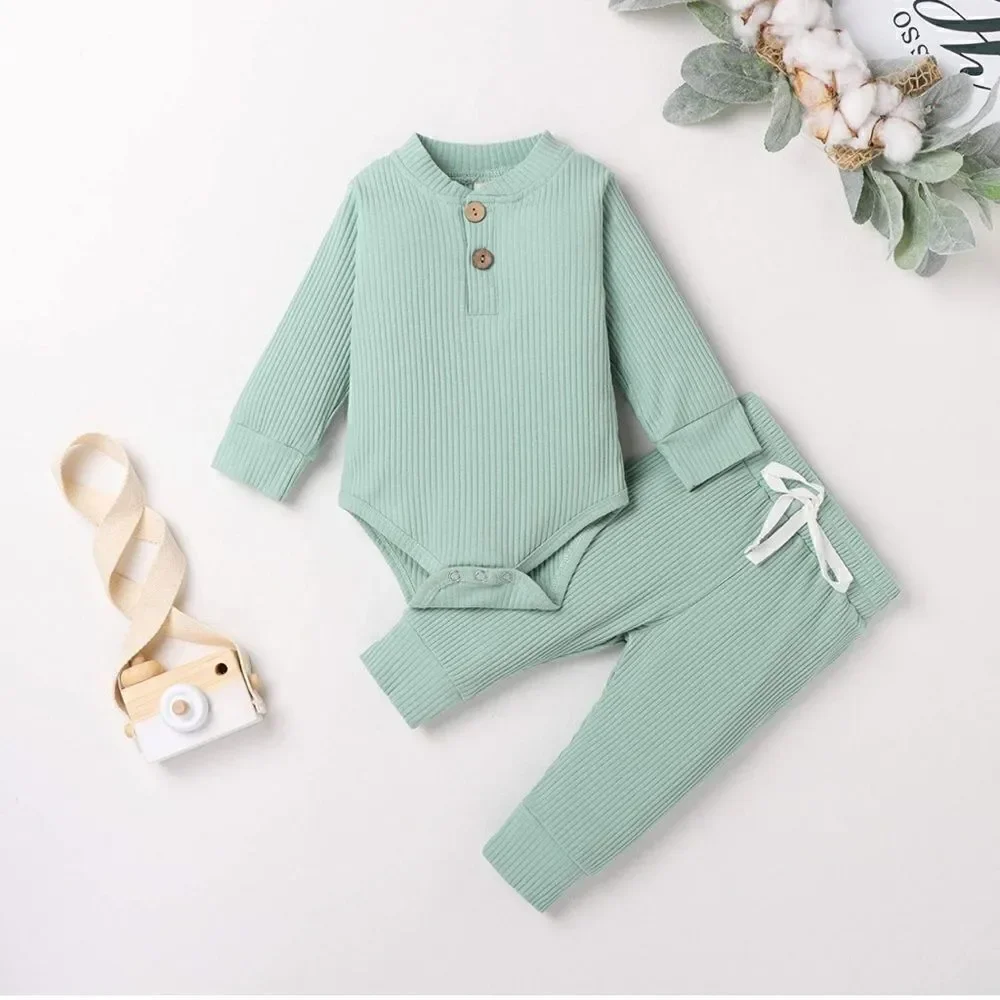 Long Sleeve Knitted Cotton Onesie Romper & Pants Mint Green 6-12 months